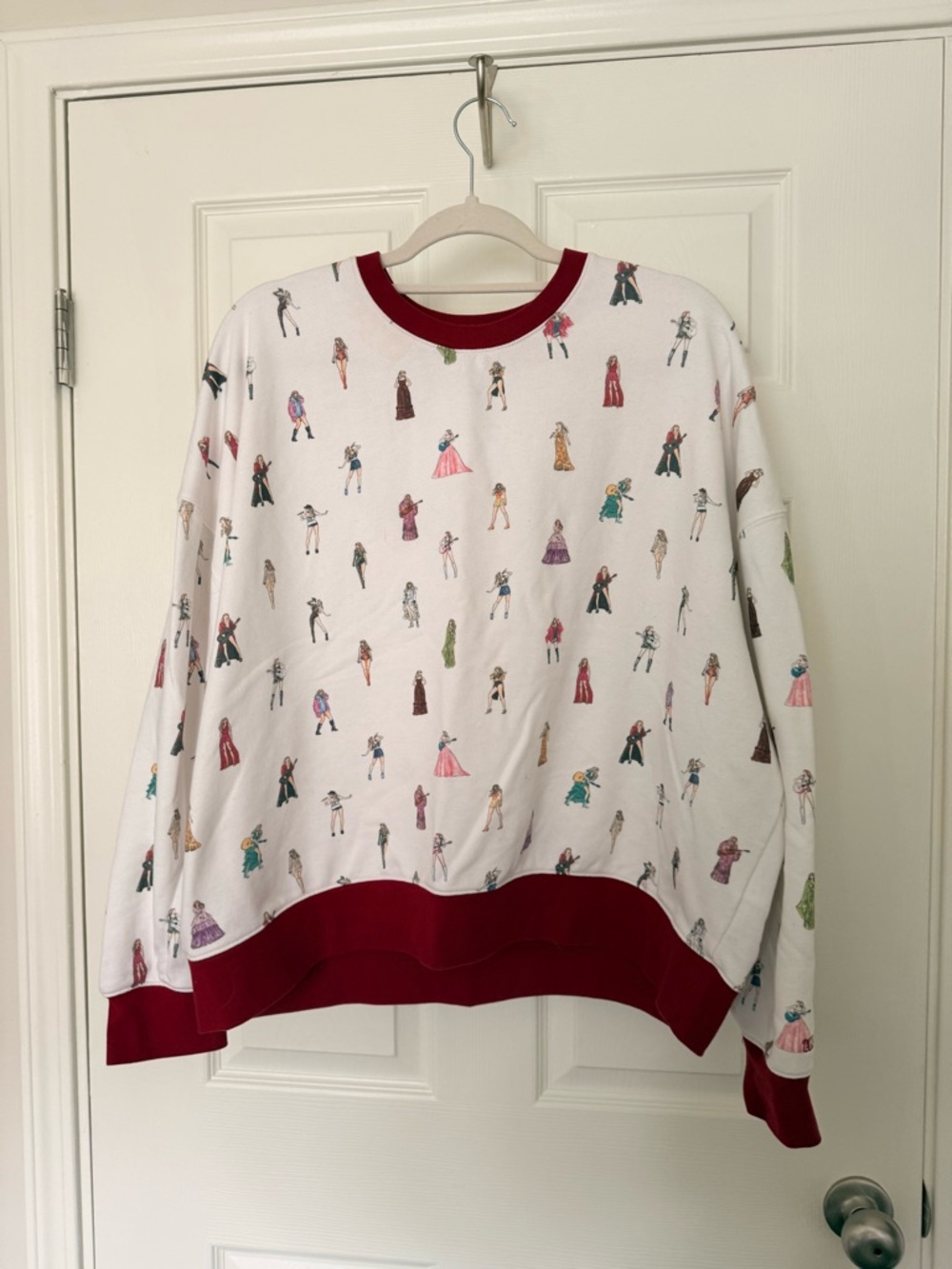 Women's White Crewneck Sweater with Burgundy Trim